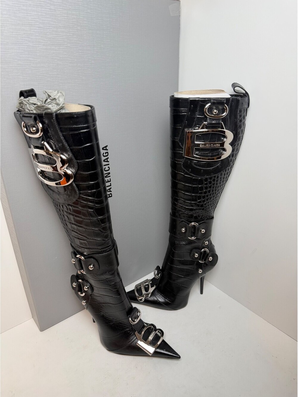 Balenciaga Le Cagole Black Croc Embossed Knee Boots Womens Size 6/36 New